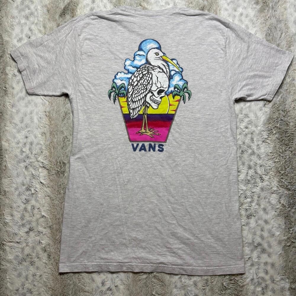 Vans Classic Fit Short Sleeve Skull Bird Graphic Print Gray Tee Shirt Medium